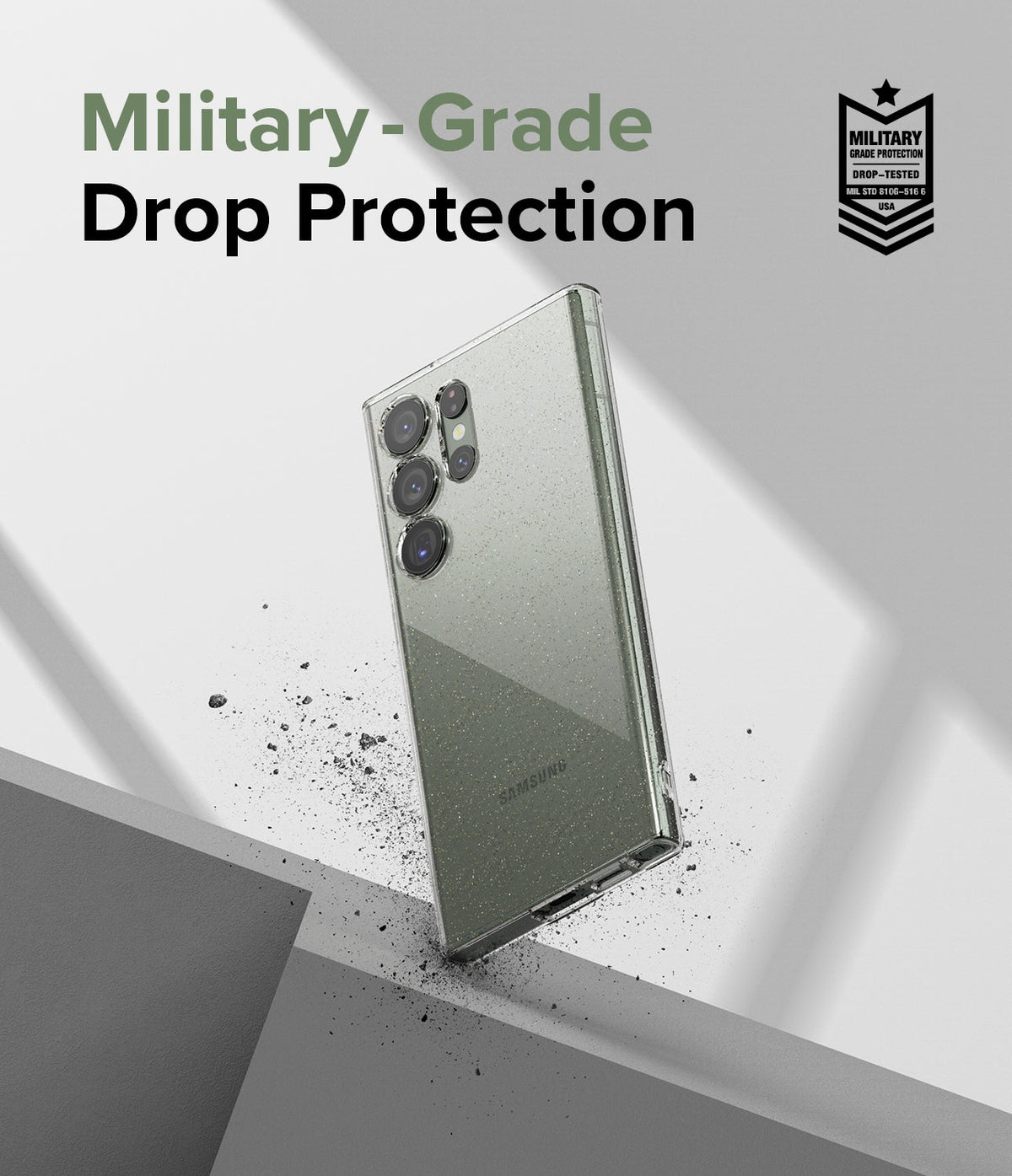 Galaxy S23 Ultra Case | Air - Clear phone case on a Galaxy S23 Ultra with military-grade drop protection badge.