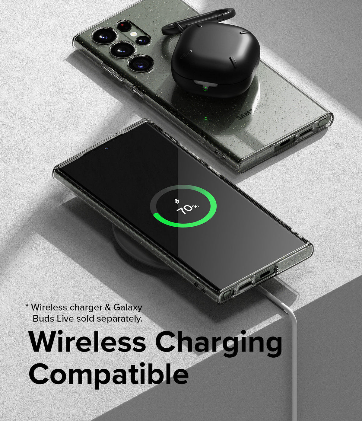 Galaxy S23 Ultra Case | Air - Galaxy S23 Ultra in a clear case wirelessly charging earbuds and displaying a 70% charge icon.