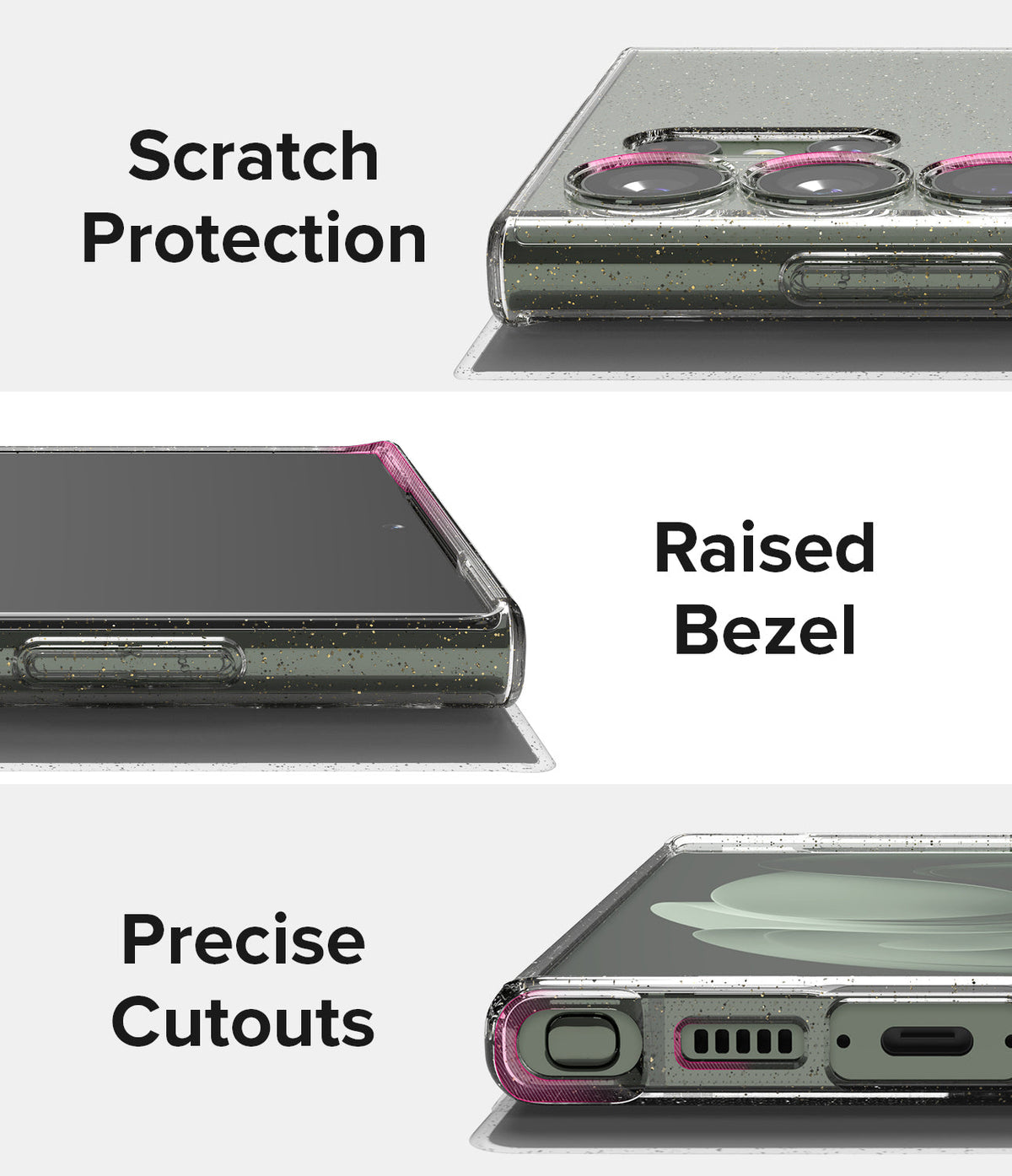Galaxy S23 Ultra Case | Air - Three views of a glittery clear phone case highlighting scratch protection, raised bezels, and cutouts.