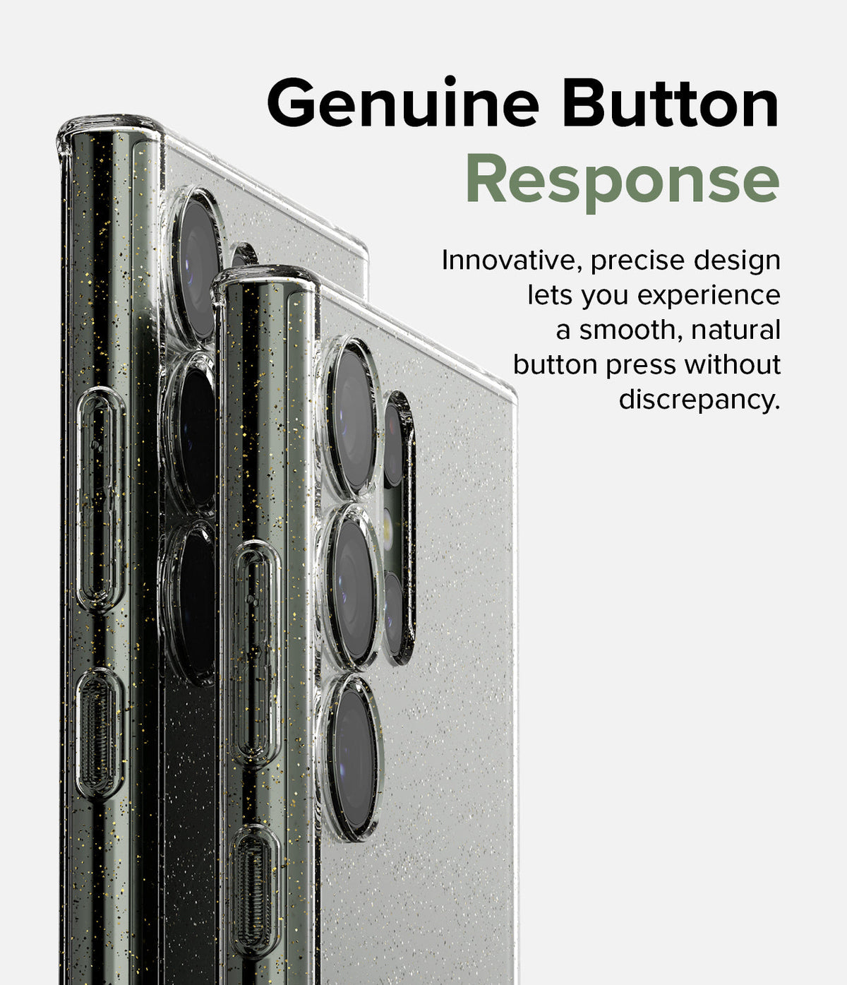 Galaxy S23 Ultra Case | Air - Two clear, glitter-flecked phone cases showing precise side button cutouts and camera lenses.