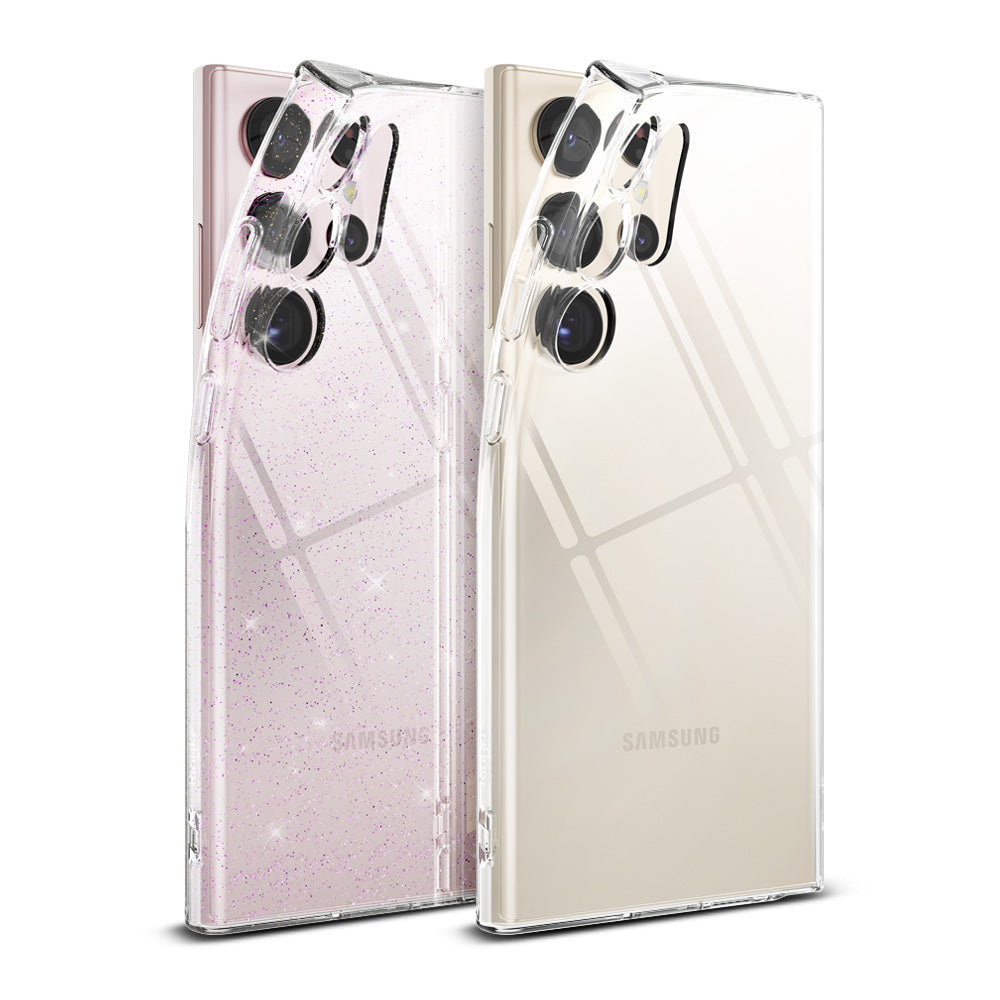 Galaxy S23 Ultra Case | Air - Two Samsung Galaxy S23 Ultra phones in glittery pink and cream, each wearing a clear Air case.