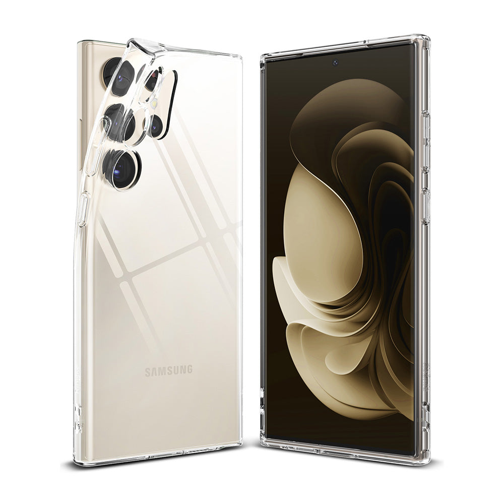 Galaxy S23 Ultra Case | Air - Beige Samsung phone shown from front and back with a clear, flexible protective case.
