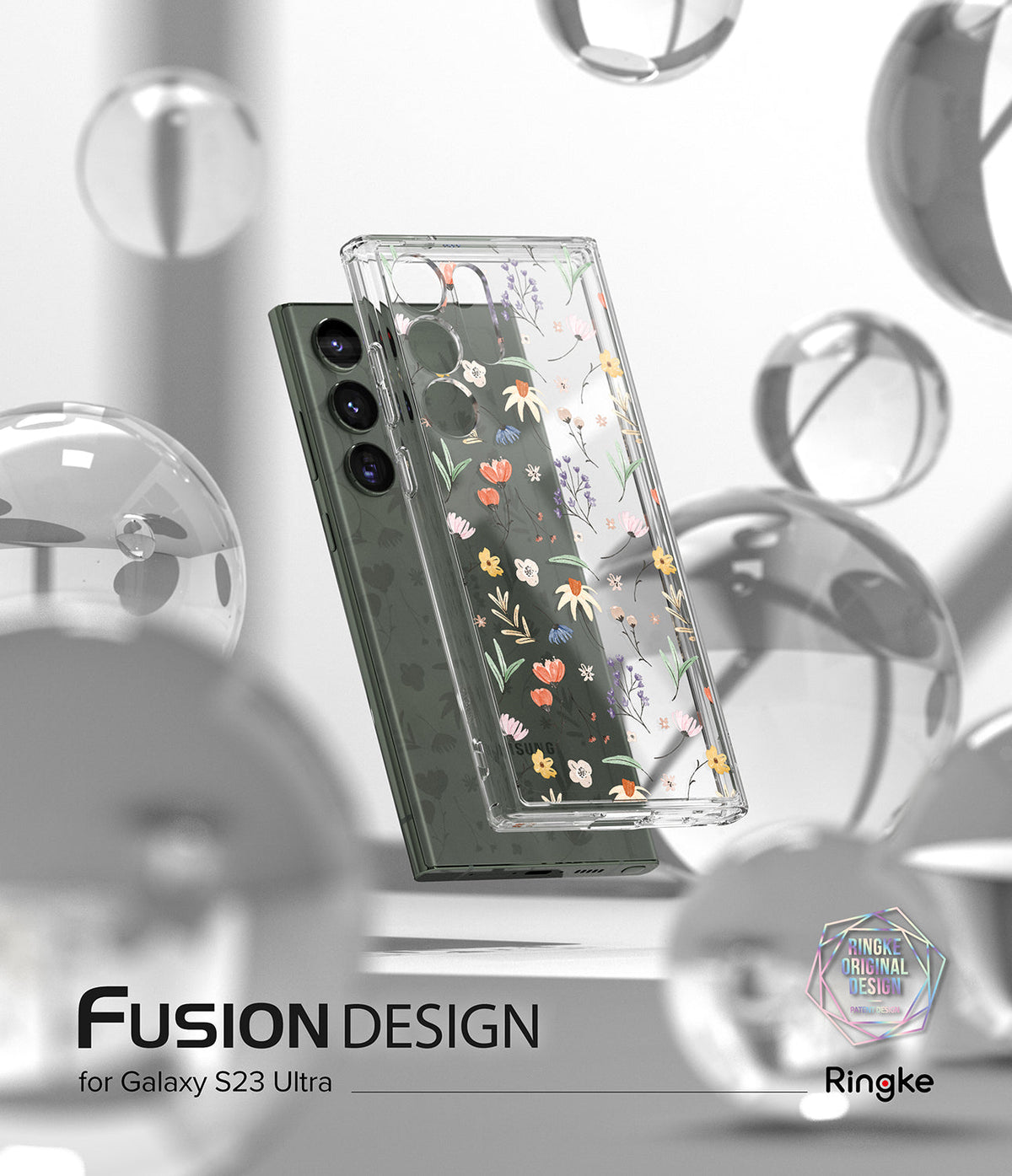 Galaxy S23 Ultra Case | Fusion Design - Clear floral phone case floating with a dark green Galaxy S23 Ultra among glass orbs.