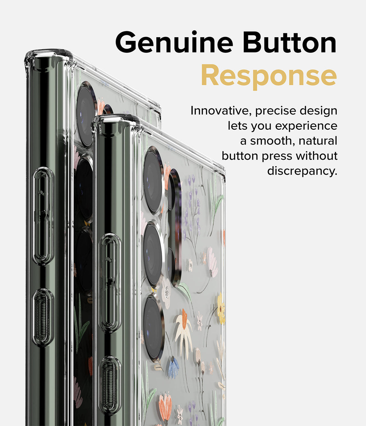 Galaxy S23 Ultra Case | Fusion Design - Two clear floral phone cases showing precise side button cutouts and design.