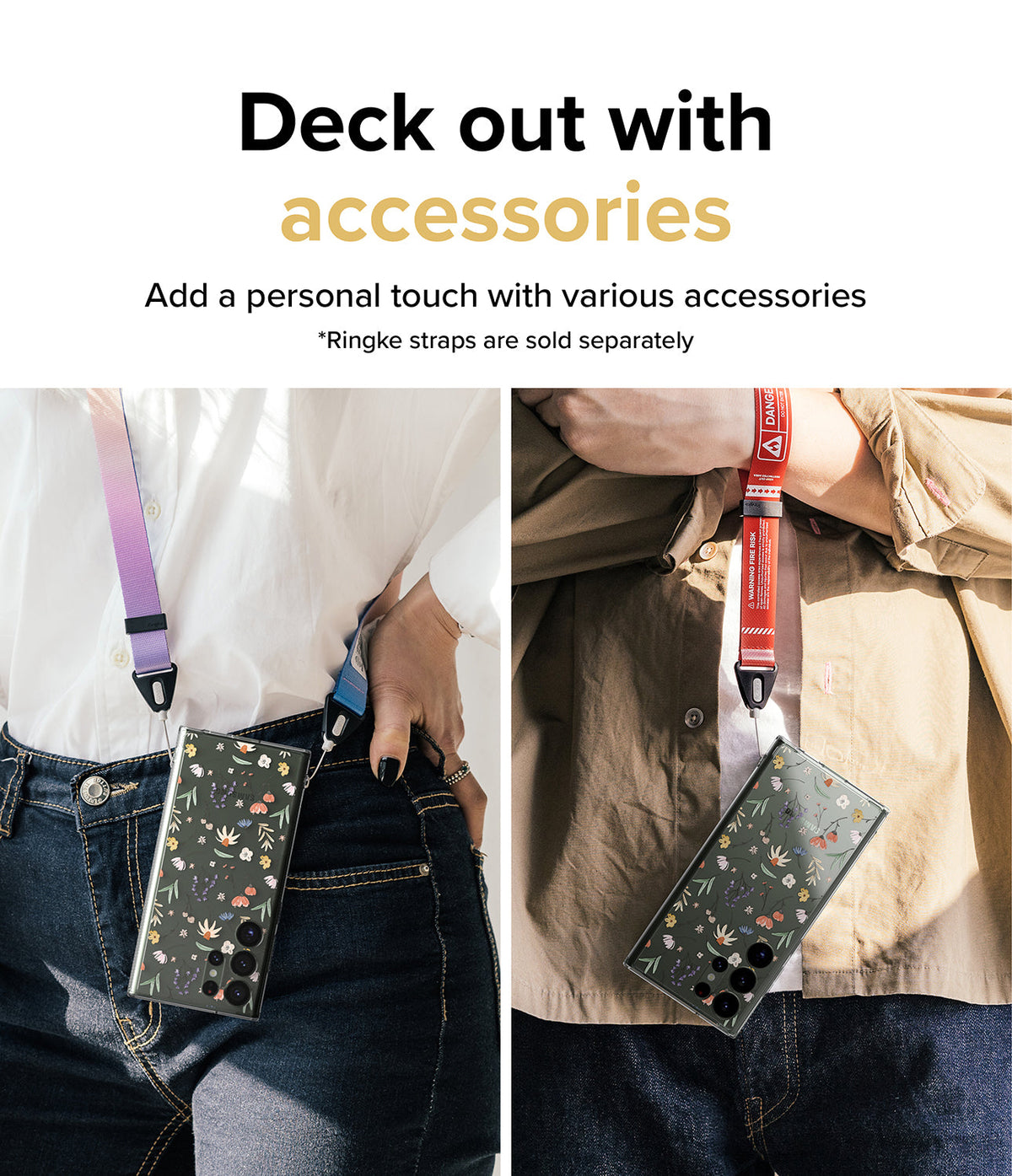 Galaxy S23 Ultra Case | Fusion Design - Two people wearing floral phone cases on colorful neck and wrist straps.