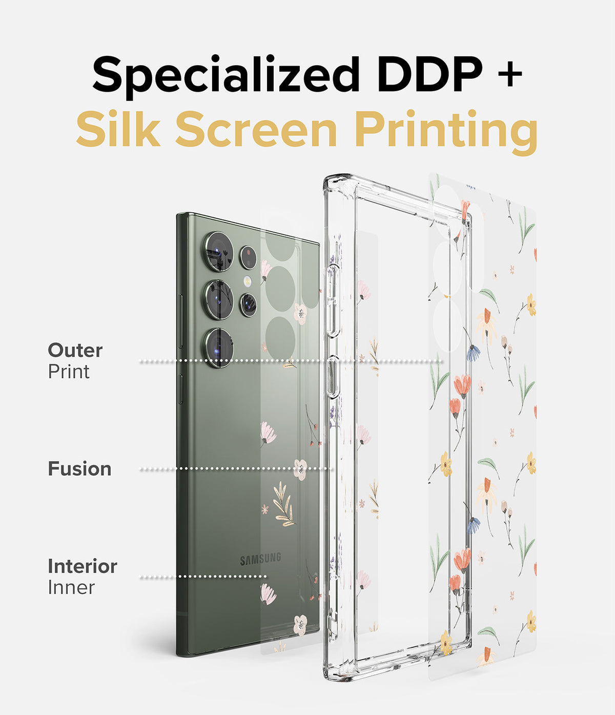 Galaxy S23 Ultra Case | Fusion Design - Exploded view showing DDP and silk screen printing layers on a floral phone case.