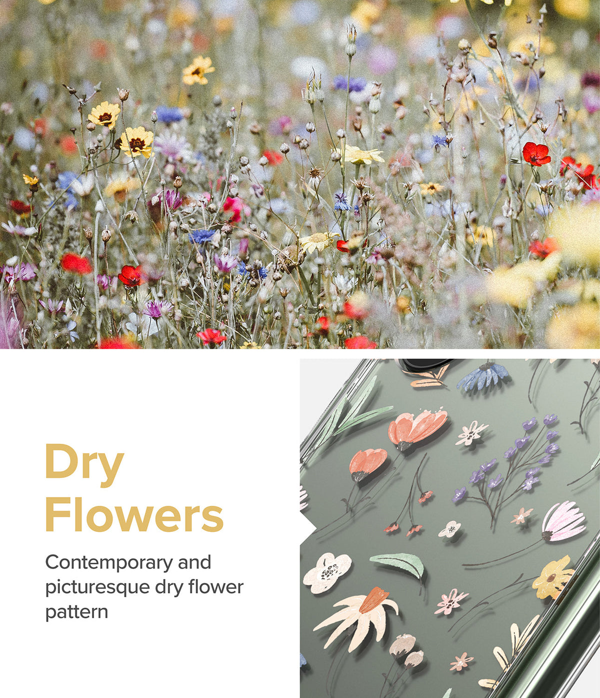 Galaxy S23 Ultra Case | Fusion Design - A field of wildflowers above a phone case featuring a delicate dry flower pattern.