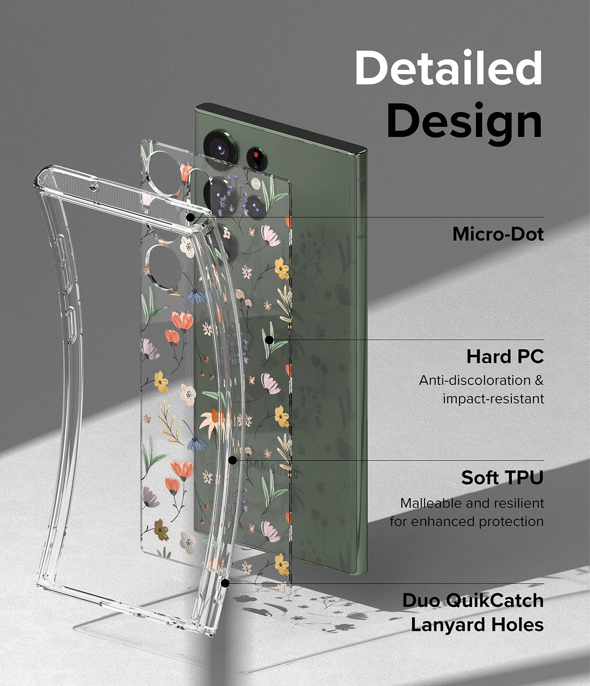 Galaxy S23 Ultra Case | Fusion Design - Exploded view of a floral phone case highlighting TPU, PC, and lanyard features.