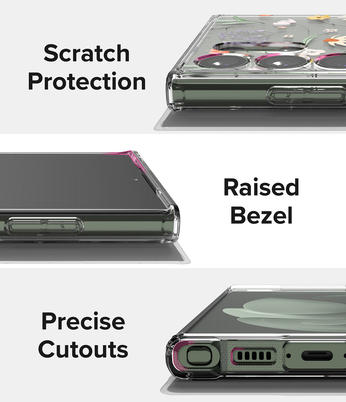 Galaxy S23 Ultra Case | Fusion Design - Close-ups showing scratch protection, raised screen bezels, and precise port cutouts.