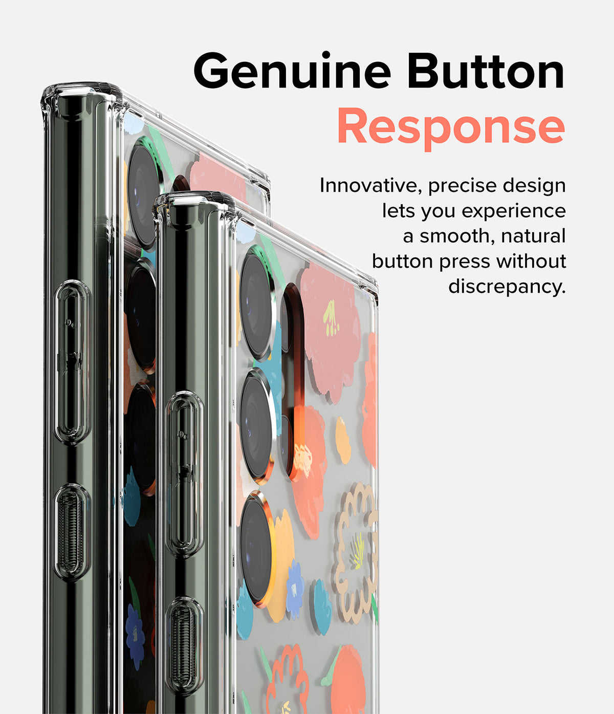 Galaxy S23 Ultra Case | Fusion Design - Two clear floral-patterned phone cases showing side buttons and camera lenses.