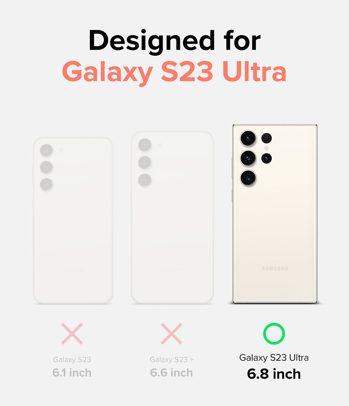 Galaxy S23 Ultra Case | Fusion Design - Comparison chart showing Galaxy S23, S23+, and S23 Ultra with a checkmark for the 6.8-inch Ultra.