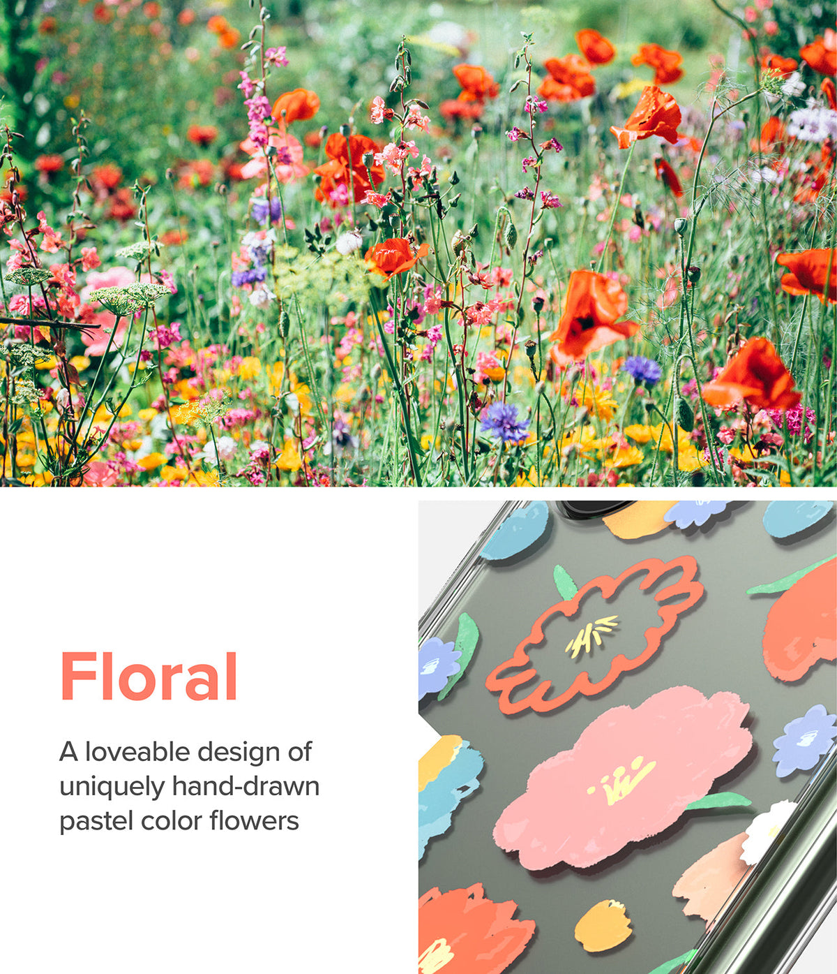Galaxy S23 Ultra Case | Fusion Design - Clear phone case featuring hand-drawn pastel floral patterns against a field of poppies.