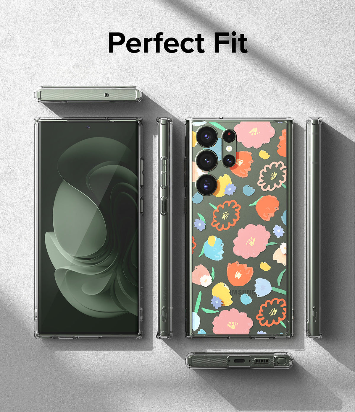 Galaxy S23 Ultra Case | Fusion Design - Phone case with floral pattern shown from front, back, and side angles.