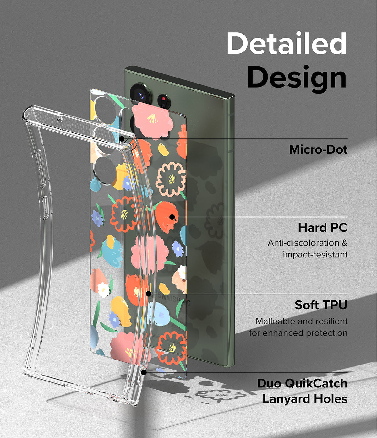 Galaxy S23 Ultra Case | Fusion Design - Exploded view of a floral phone case showing PC, TPU, and lanyard features.