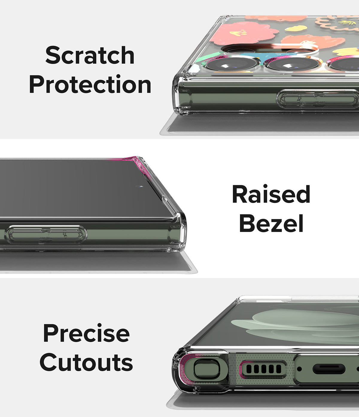 Galaxy S23 Ultra Case | Fusion Design - Close-ups showing scratch protection, raised screen bezels, and precise port cutouts.