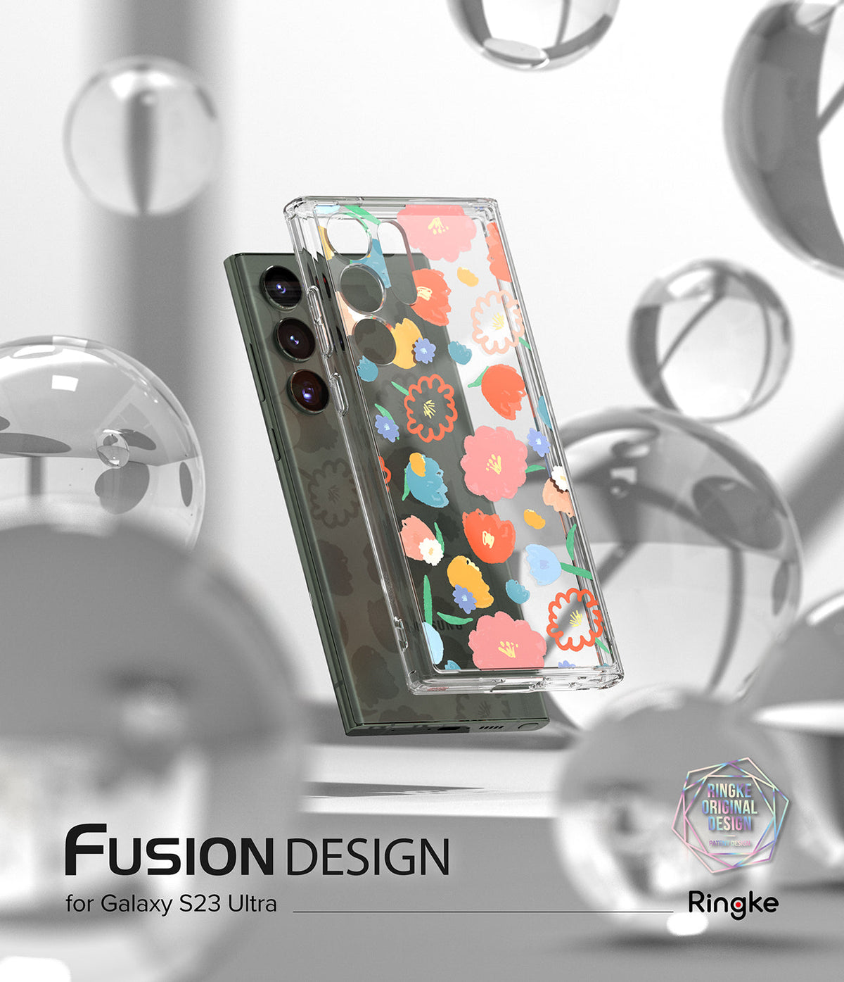Galaxy S23 Ultra Case | Fusion Design - Clear phone case with colorful floral print on a dark green Galaxy S23 Ultra.