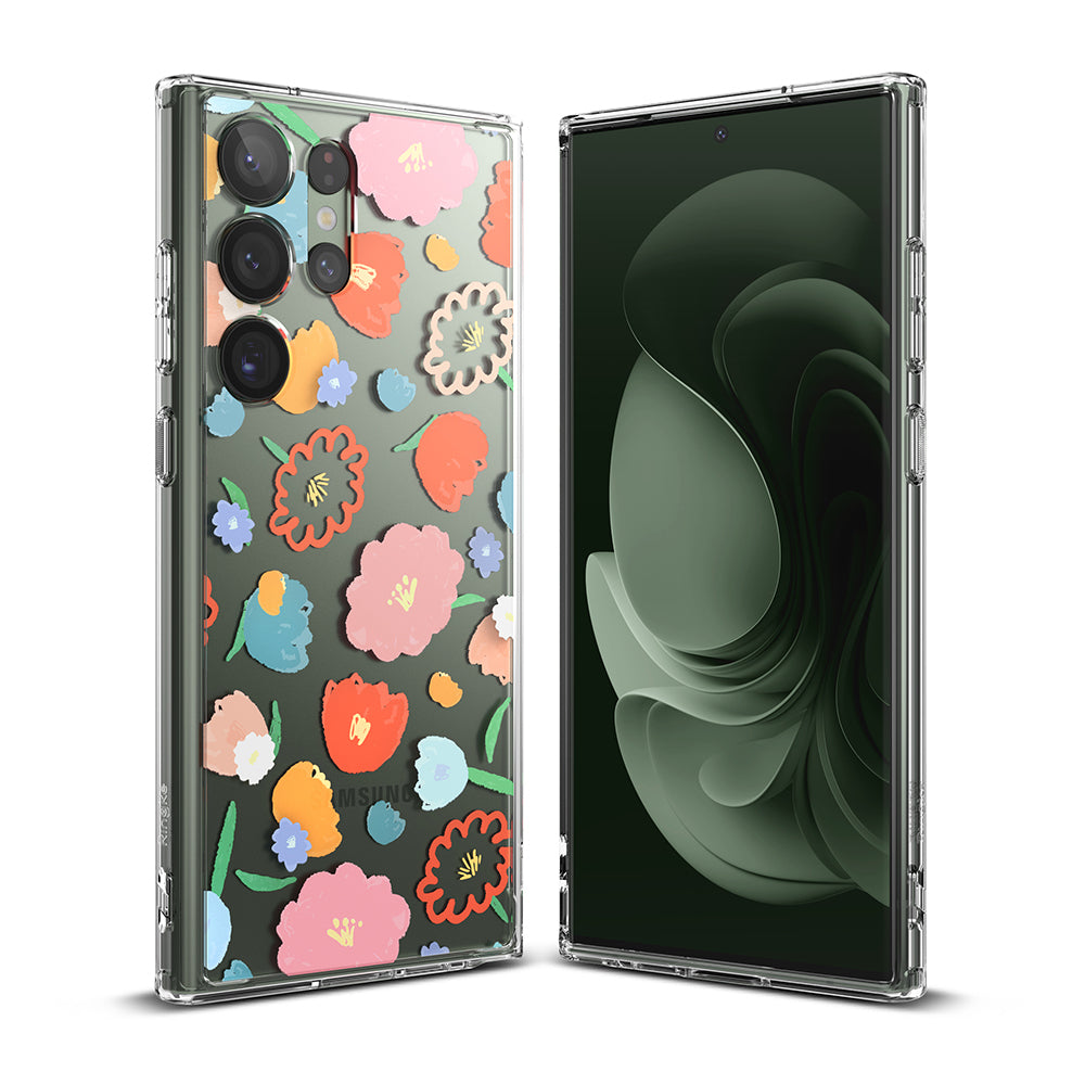 Galaxy S23 Ultra Case | Fusion Design - Clear phone case with colorful floral pattern on back and green screen view.