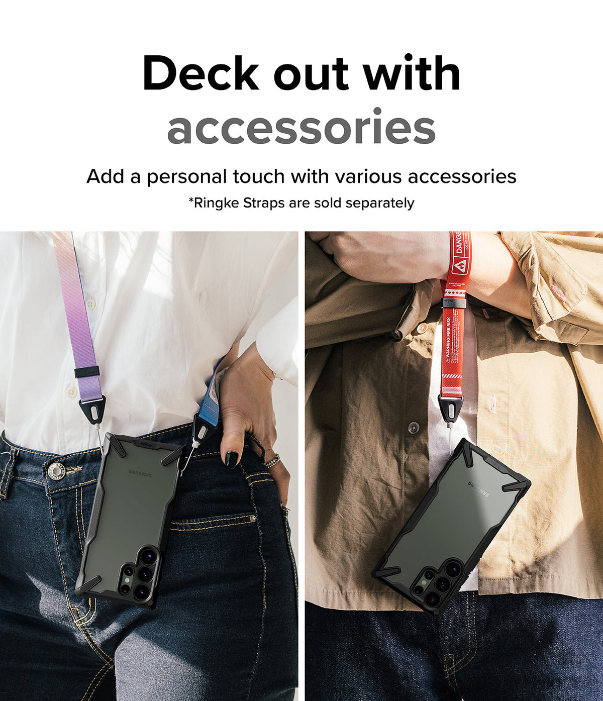 Galaxy S23 Ultra Case | Fusion-X - Two people wearing Galaxy S23 Ultra phones with Fusion-X cases attached to colorful lanyards.