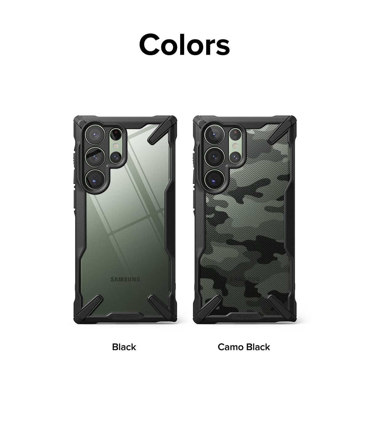 Galaxy S23 Ultra Case | Fusion-X - Two Samsung Galaxy S23 Ultra phones in Black and Camo Black Fusion-X cases side-by-side.