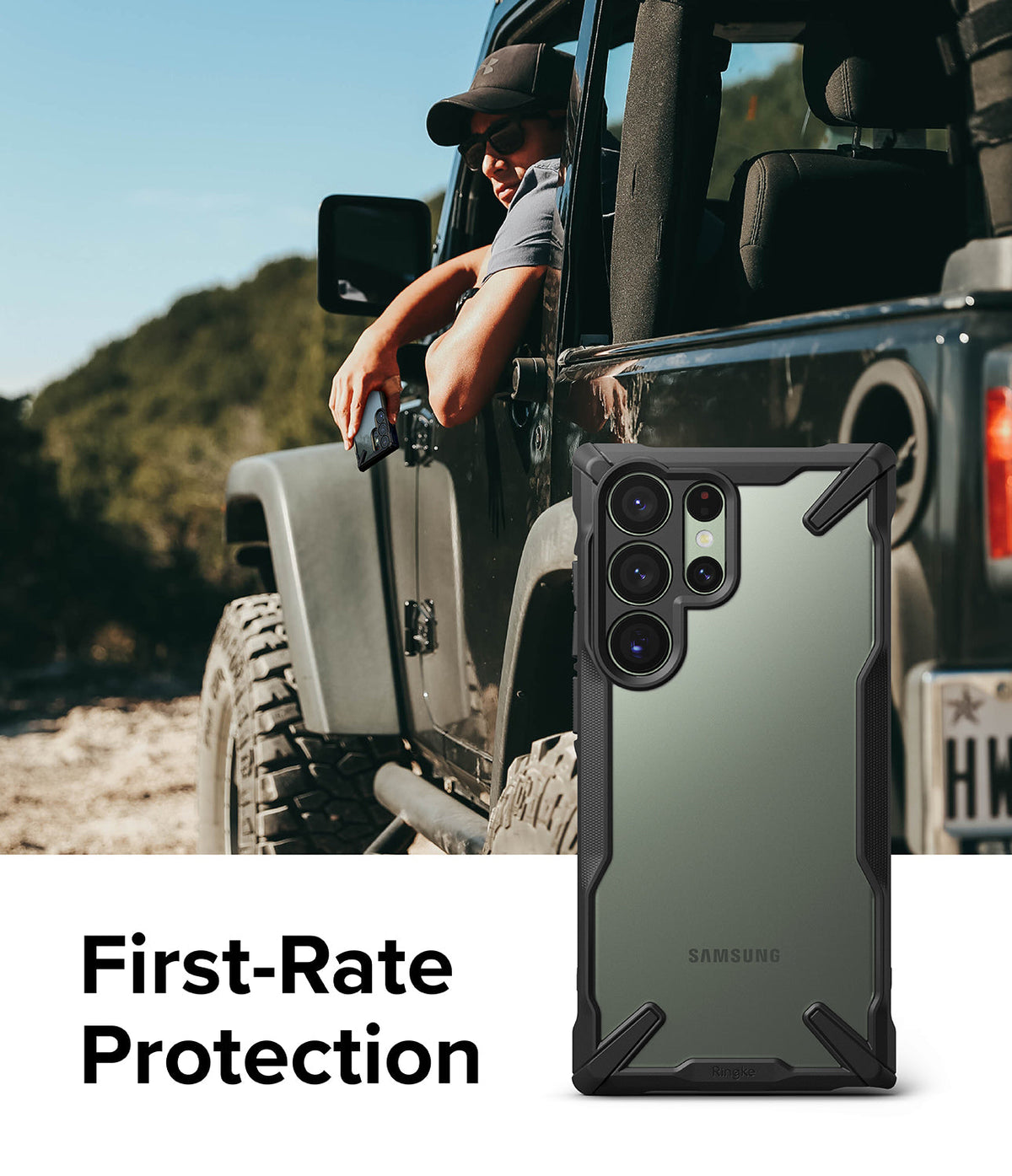 Galaxy S23 Ultra Case | Fusion-X - Rugged black phone case on a Samsung Galaxy S23 Ultra with a person in a Jeep in the background.