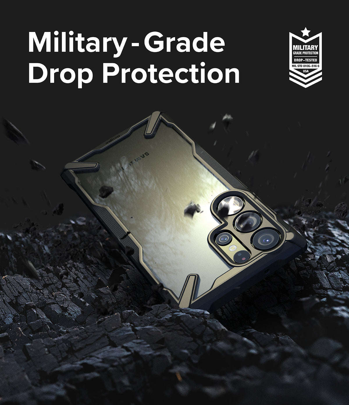 Galaxy S23 Ultra Case | Fusion-X - Phone case on dark, rocky ground with debris flying, highlighting military-grade drop protection.