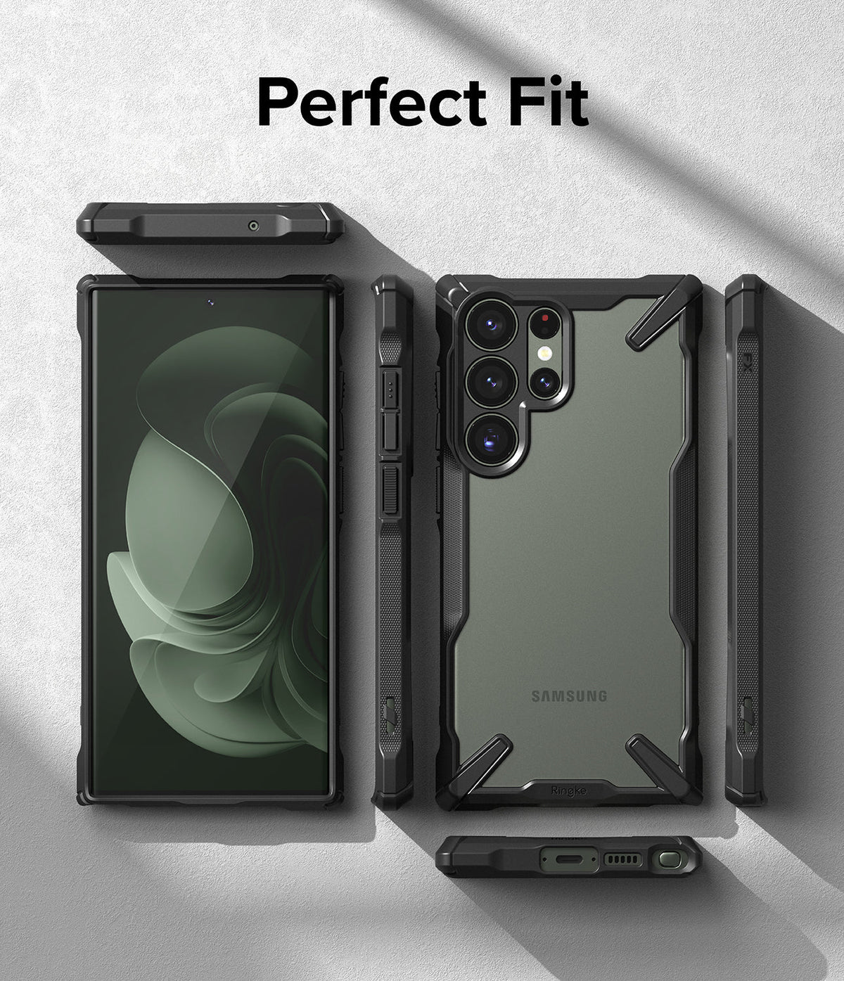 Galaxy S23 Ultra Case | Fusion-X - Black protective case on a Galaxy S23 Ultra, showing front, back, and side profiles.