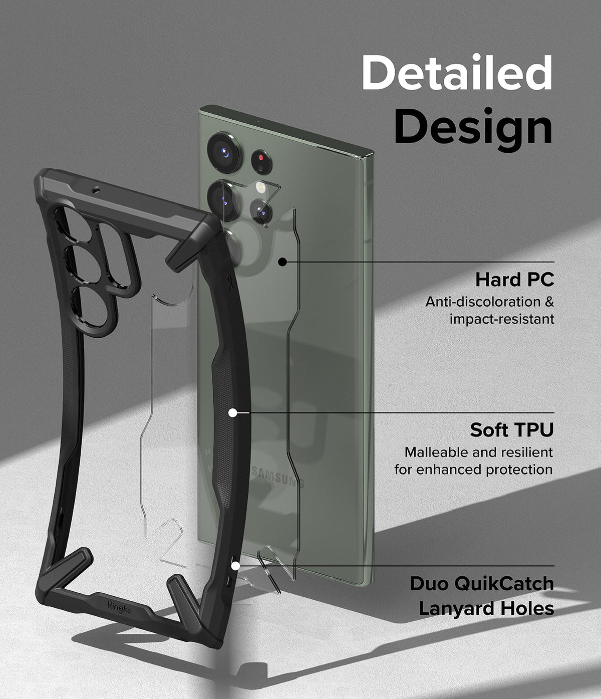 Galaxy S23 Ultra Case | Fusion-X - Exploded view of a phone case highlighting hard PC, soft TPU, and lanyard holes.