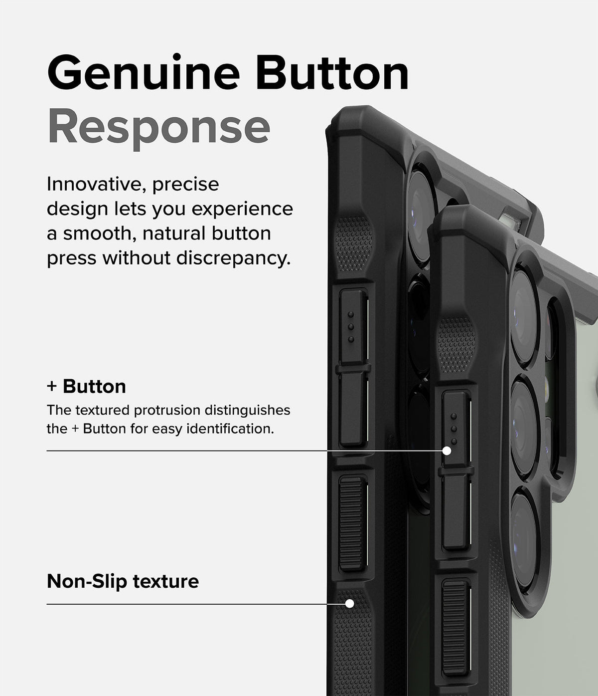 Galaxy S23 Ultra Case | Fusion-X - Close-up of phone case buttons highlighting textured + button and non-slip grip.