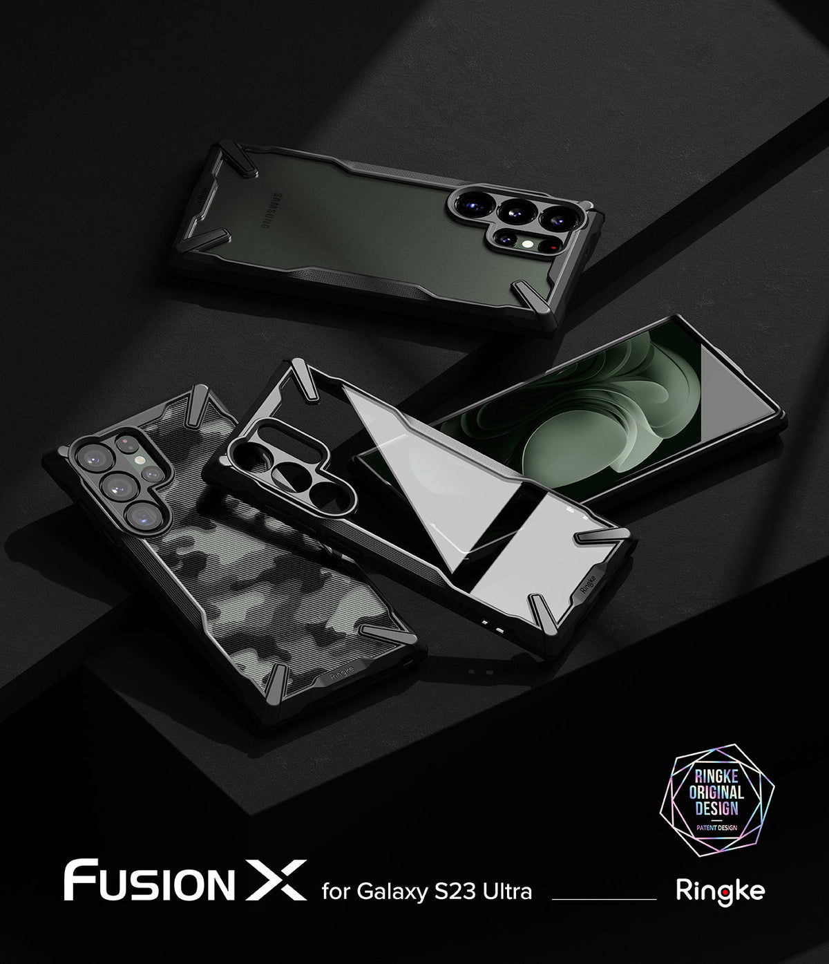 Galaxy S23 Ultra Case | Fusion-X - Three black Fusion-X phone cases for Galaxy S23 Ultra displayed on a dark surface.