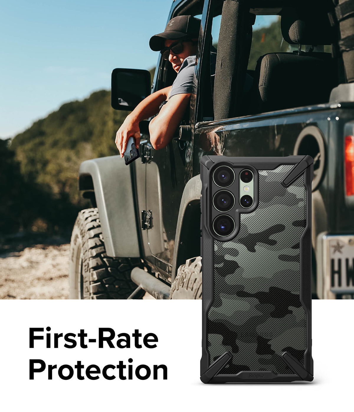 Galaxy S23 Ultra Case | Fusion-X - Camo phone case with rugged black frame shown next to a person in an off-road vehicle.