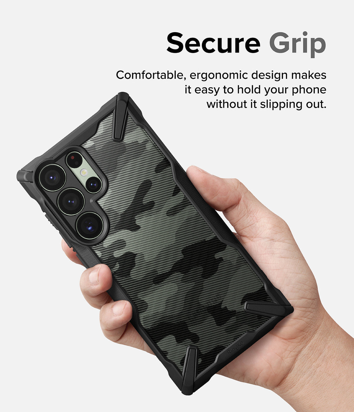 Galaxy S23 Ultra Case | Fusion-X - Hand holding a camo-patterned phone case with reinforced black corners and camera cutouts.