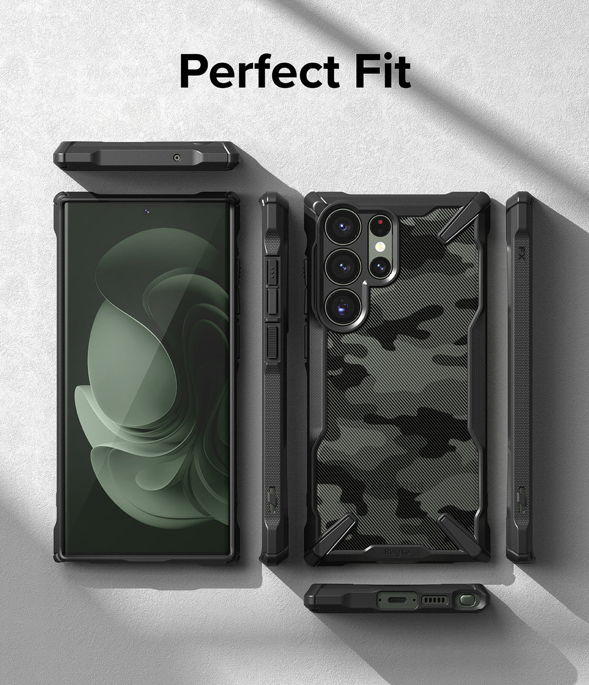 Galaxy S23 Ultra Case | Fusion-X - Black camo phone case shown from multiple angles with a perfect fit for the Galaxy S23 Ultra.