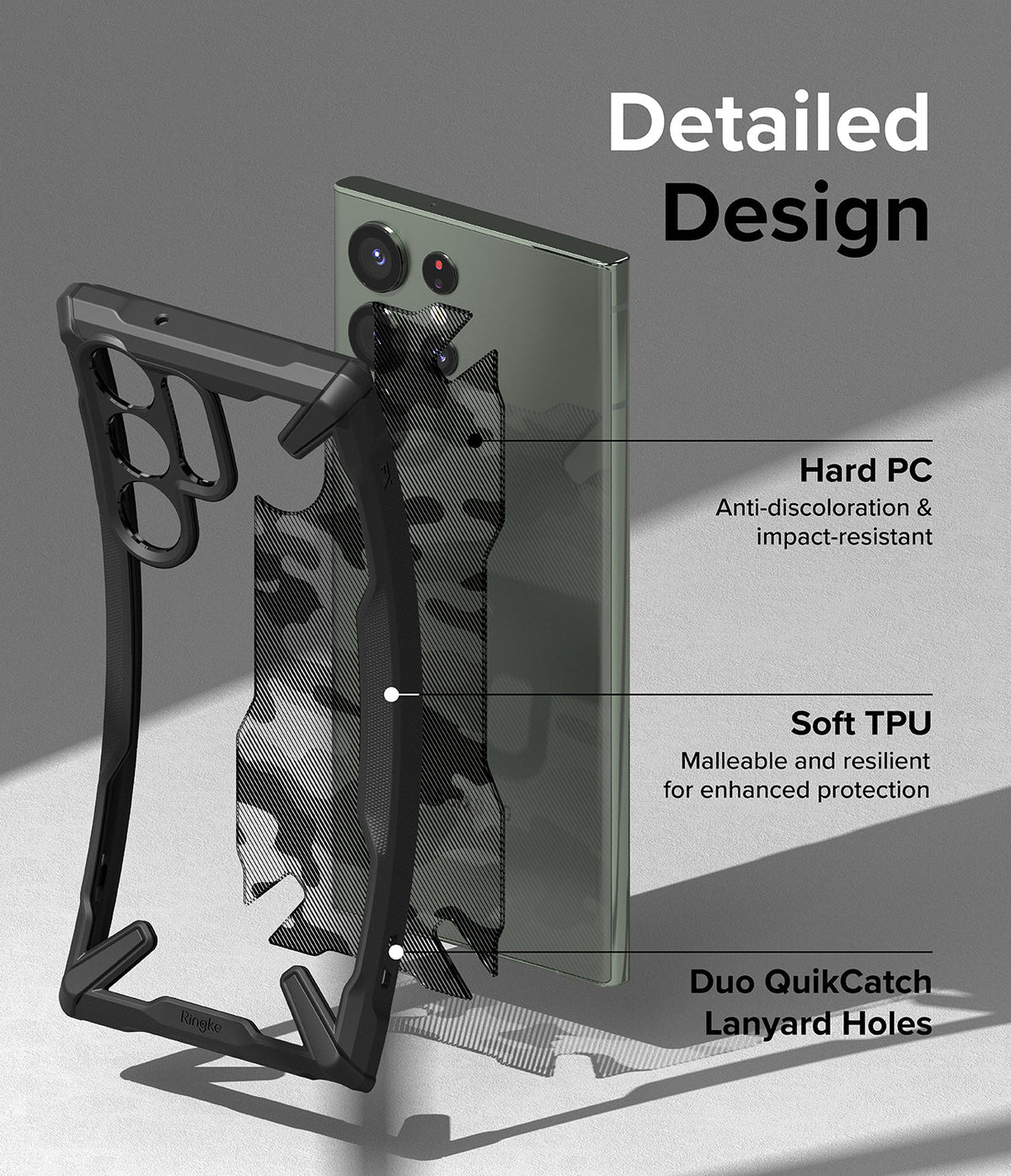 Galaxy S23 Ultra Case | Fusion-X - Exploded view of a phone case highlighting hard PC, soft TPU, and lanyard holes.