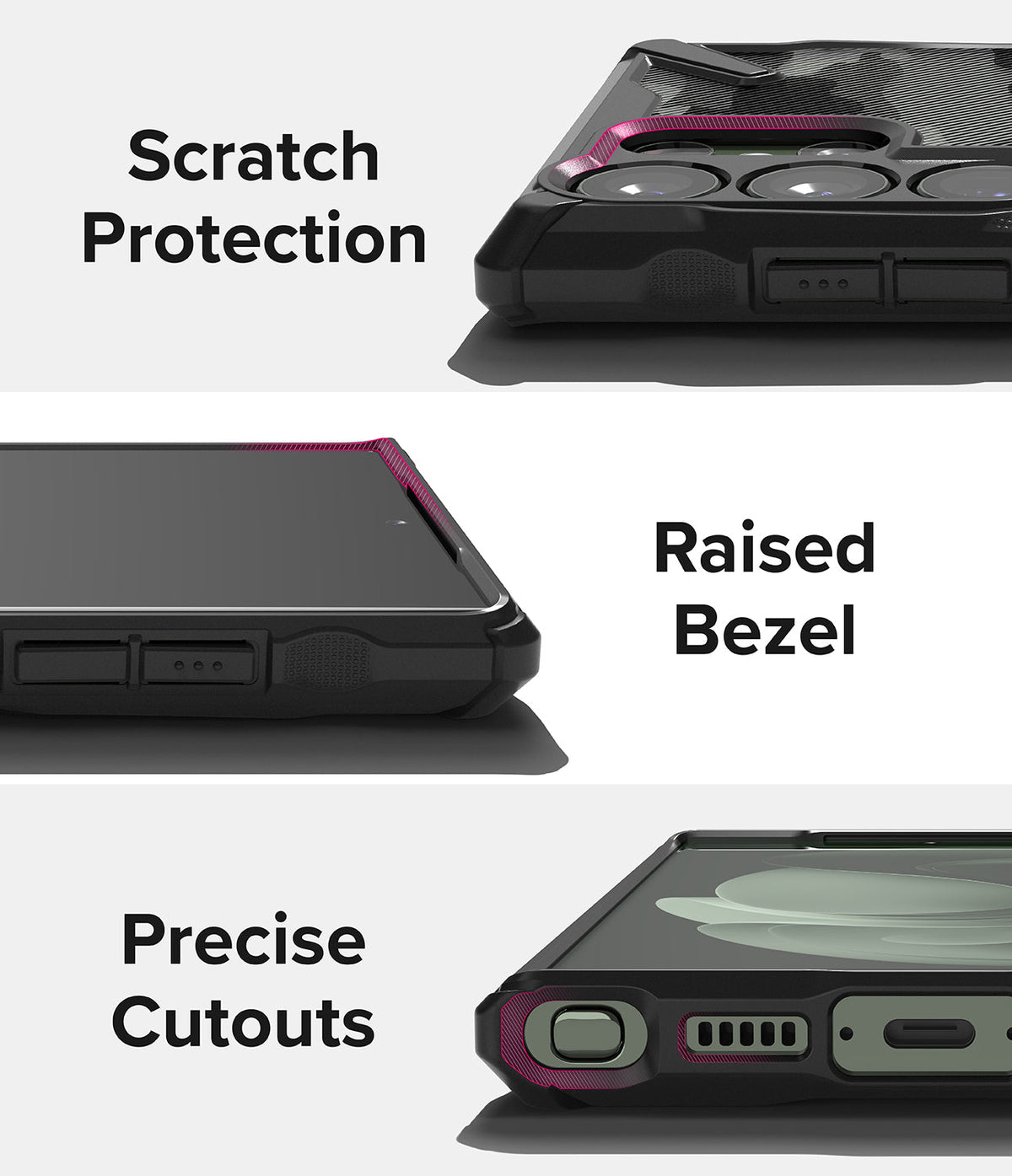 Galaxy S23 Ultra Case | Fusion-X - Close-ups showing camera protection, raised screen bezels, and precise port cutouts.