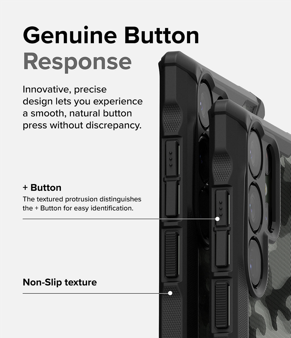 Galaxy S23 Ultra Case | Fusion-X - Close-up of phone case buttons highlighting textured plus button and non-slip grip.