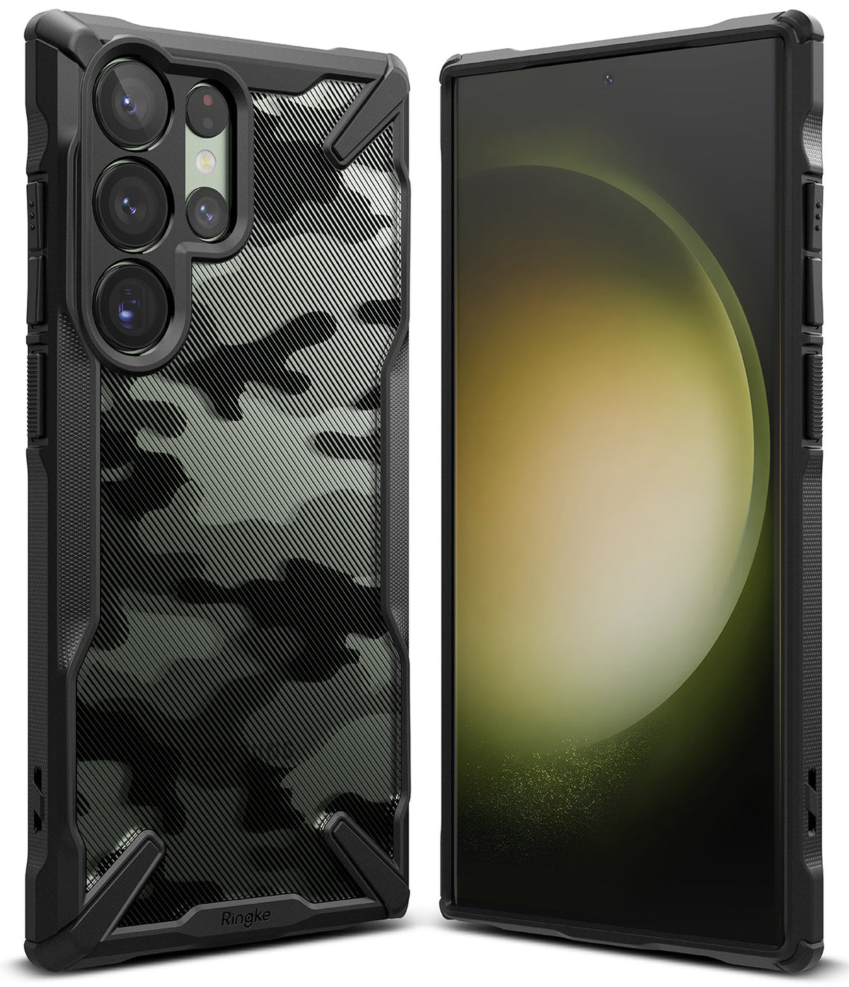 Galaxy S23 Ultra Case | Fusion-X - Black camouflage phone case with rugged bumpers shown from front and back angles.