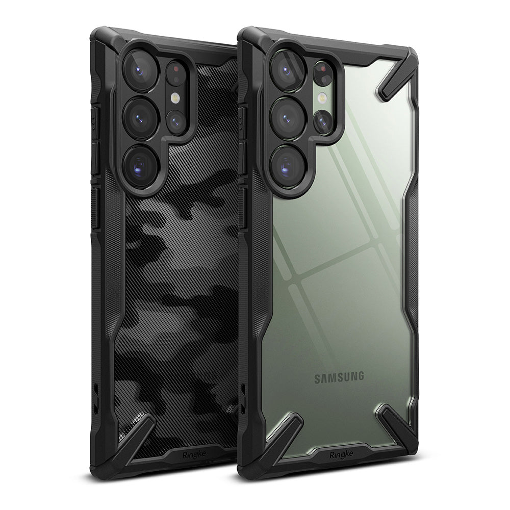 Galaxy S23 Ultra Case | Fusion-X - Two Samsung Galaxy S23 Ultra phones with black rugged cases, one camo and one clear.