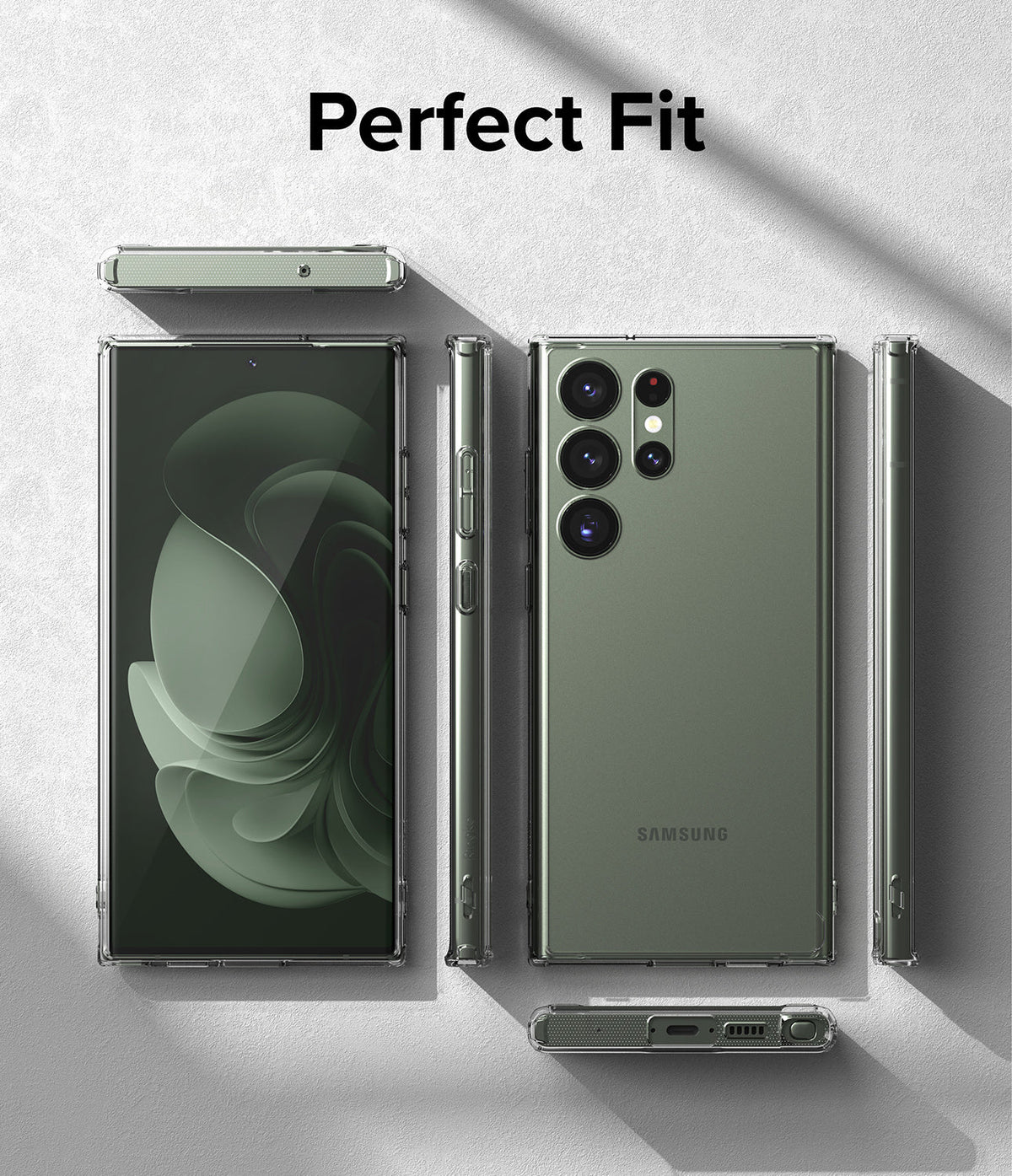 Galaxy S23 Ultra Case | Fusion - Clear protective case shown on a green Samsung Galaxy S23 Ultra from multiple angles.
