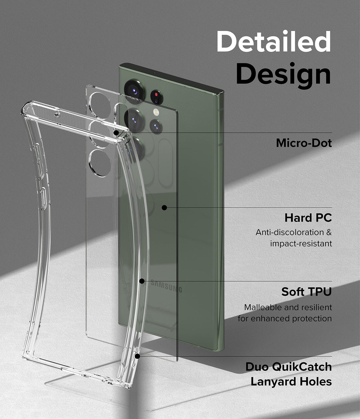 Galaxy S23 Ultra Case | Fusion - Exploded view of a clear phone case highlighting micro-dot, hard PC, and soft TPU features.