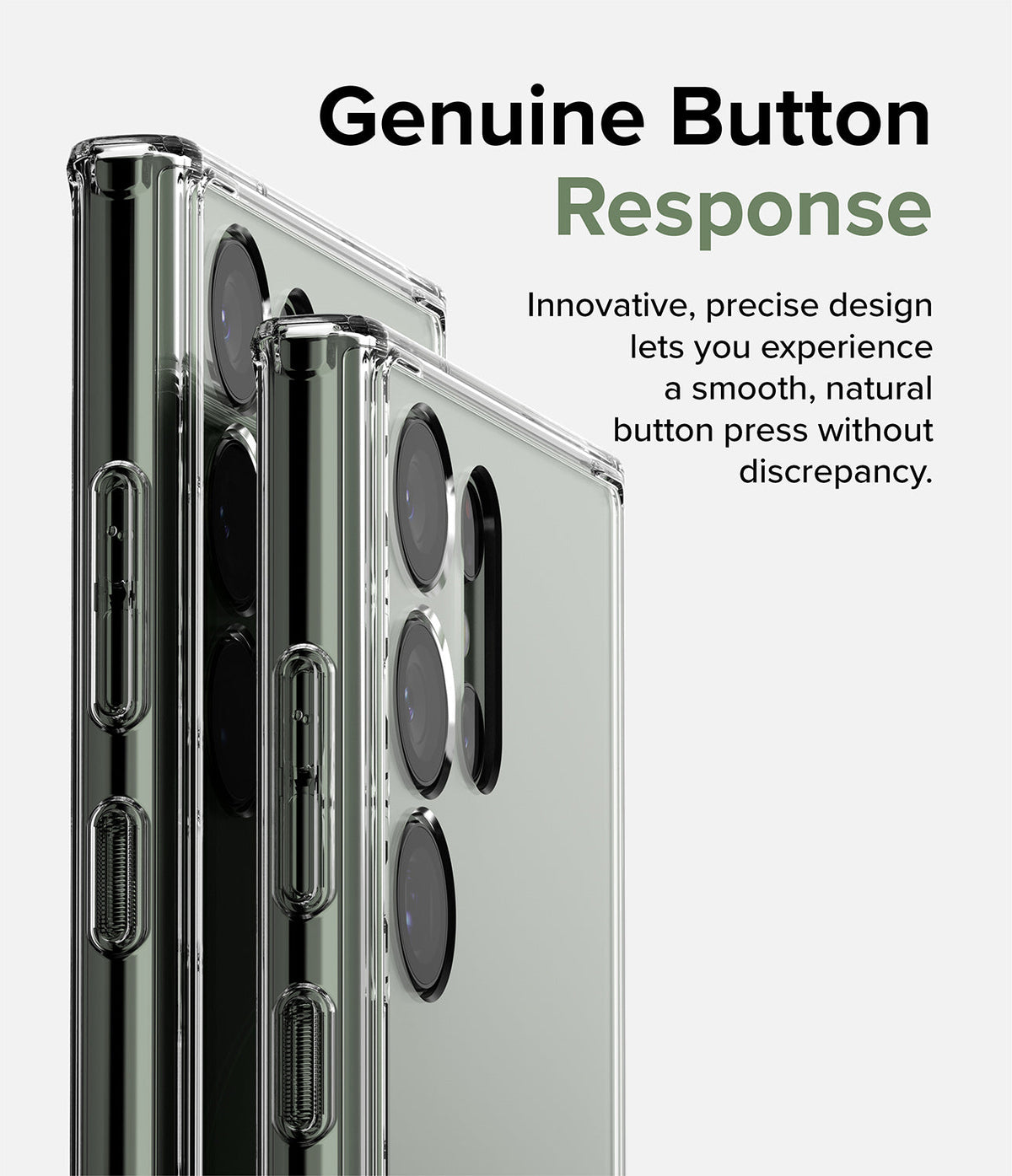 Galaxy S23 Ultra Case | Fusion - Close-up of a clear phone case highlighting precise, responsive side buttons on a smartphone.