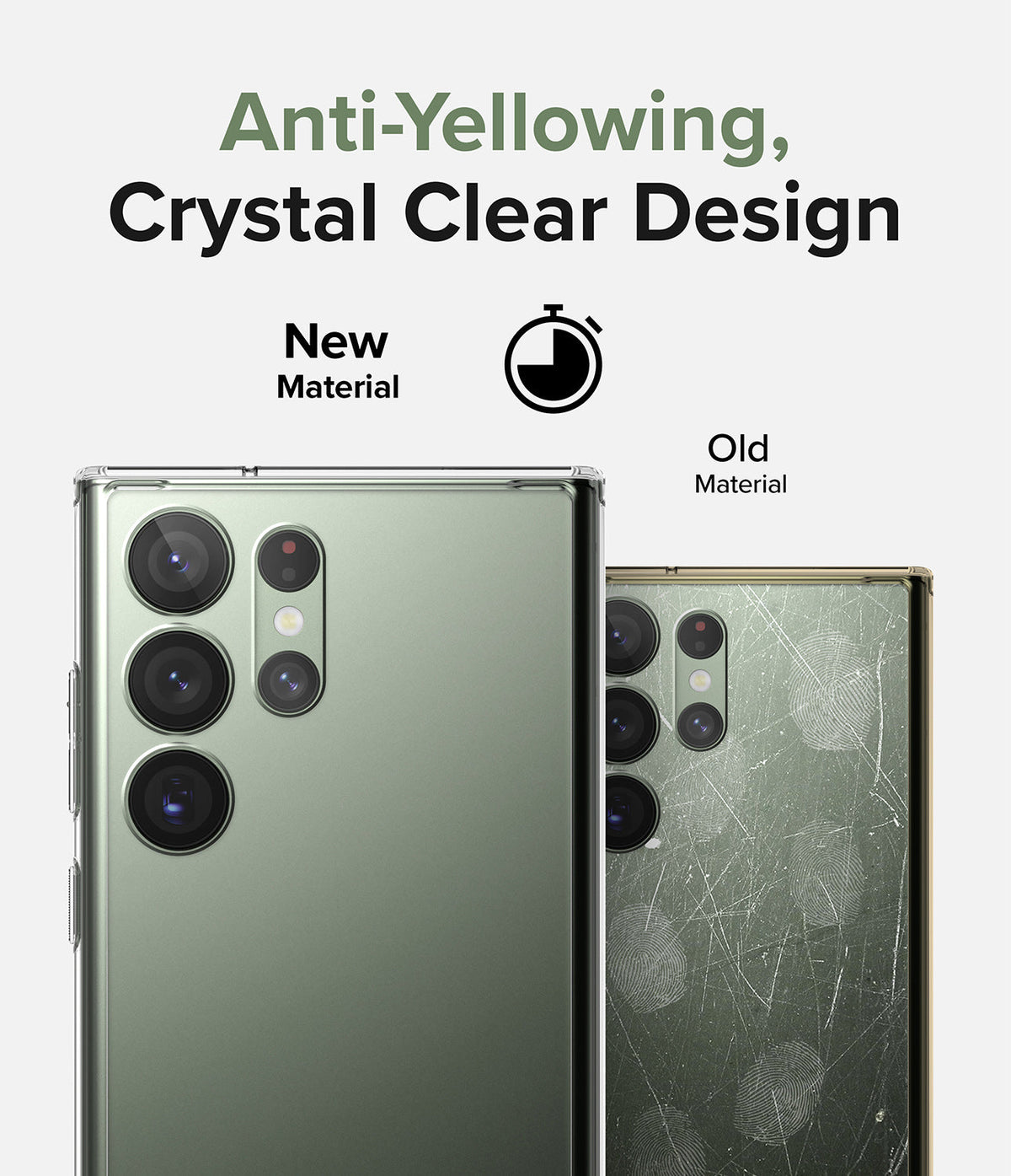 Galaxy S23 Ultra Case | Fusion - Comparison of a clear, pristine phone case versus an old, yellowed, and scratched case.