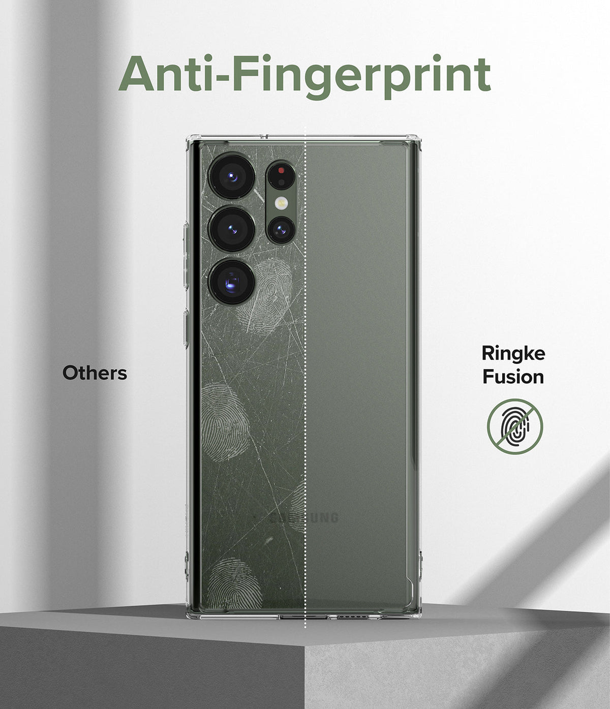 Galaxy S23 Ultra Case | Fusion - Comparison showing a fingerprint-covered phone versus a clean Ringke Fusion case.