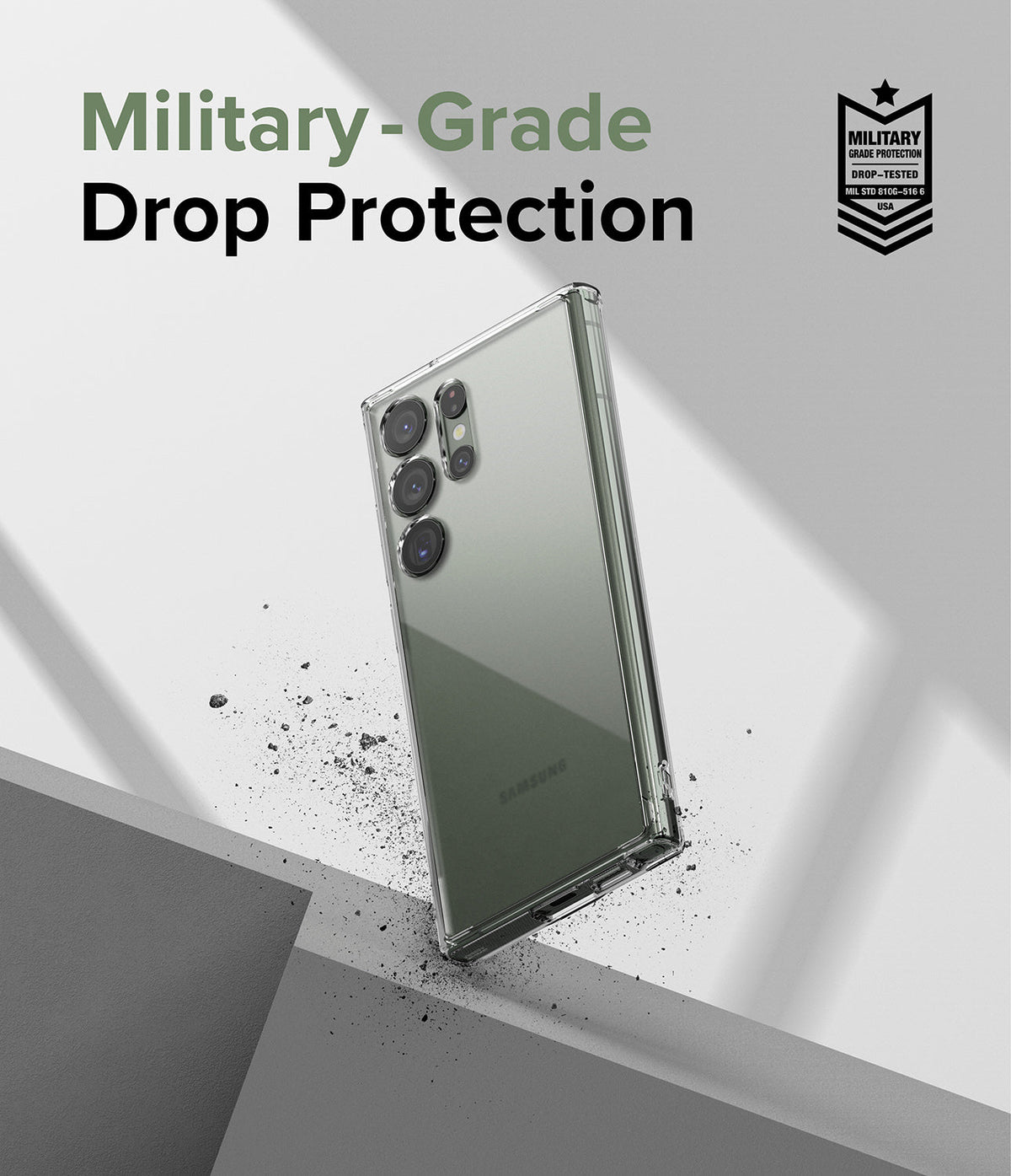 Galaxy S23 Ultra Case | Fusion - Clear phone case on a Galaxy S23 Ultra with military-grade drop protection text and badge.