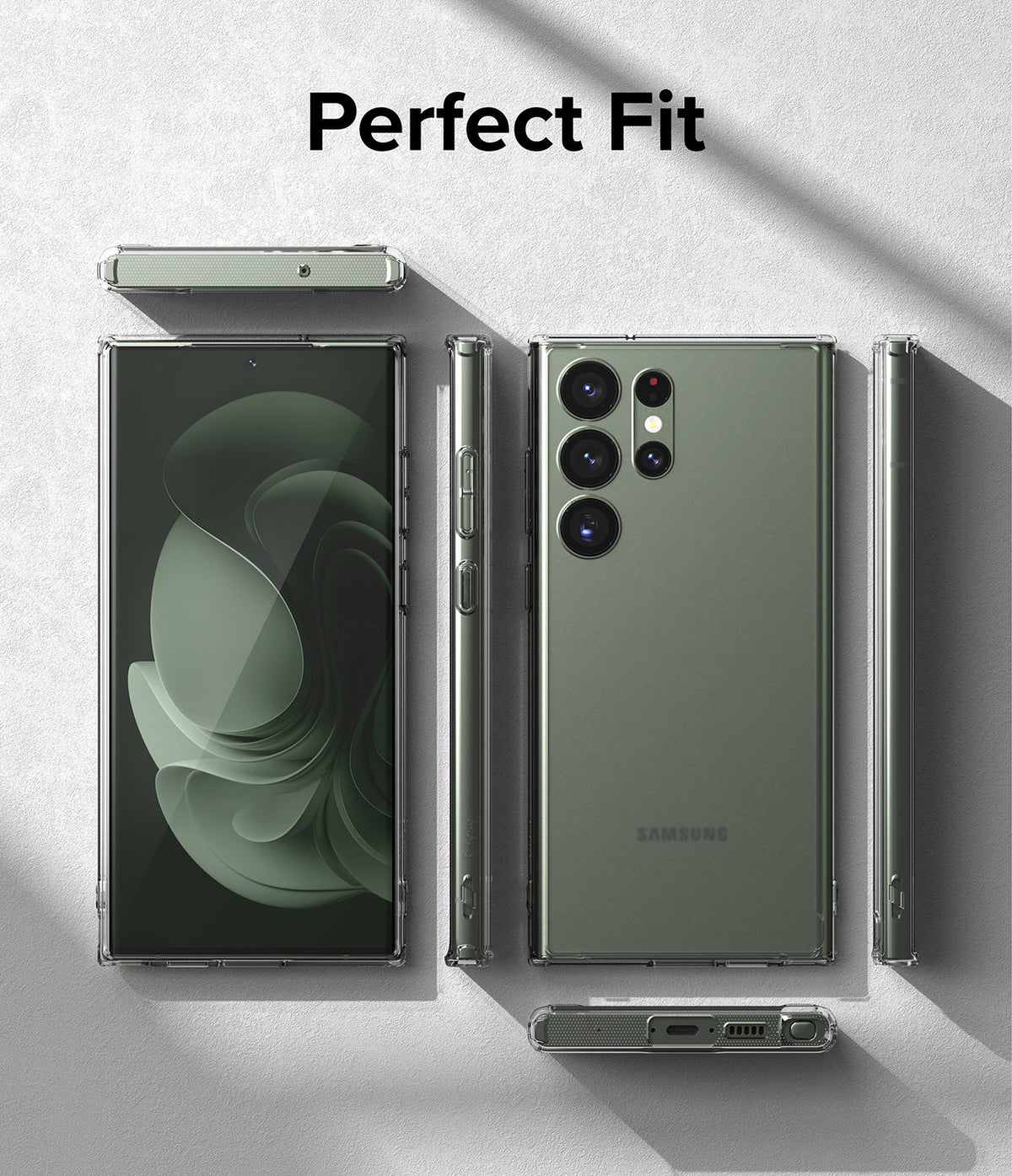 Galaxy S23 Ultra Case | Fusion - Clear protective case shown on a green Galaxy S23 Ultra from multiple angles.