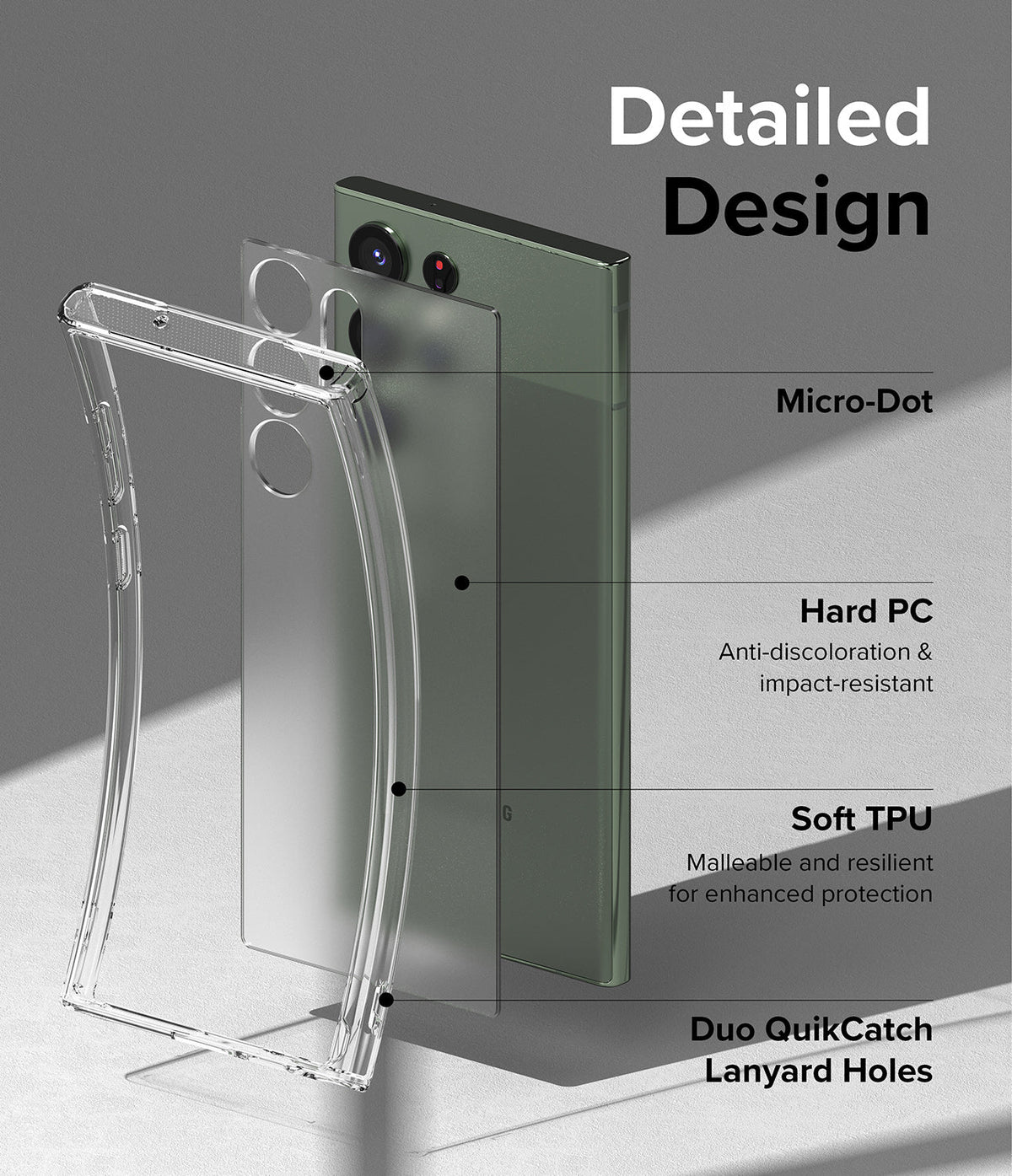 Galaxy S23 Ultra Case | Fusion - Exploded view of a clear phone case highlighting micro-dot, hard PC, and soft TPU layers.