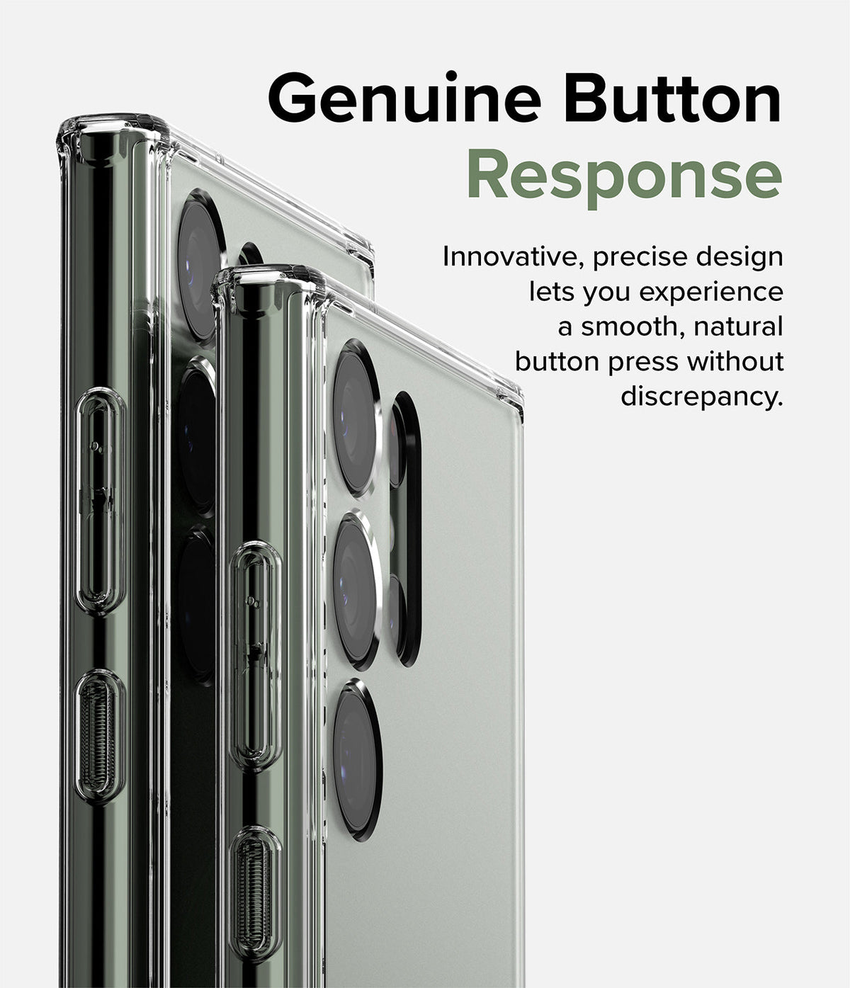 Galaxy S23 Ultra Case | Fusion - Two Galaxy S23 Ultra phones in clear cases showing precise side button cutouts.