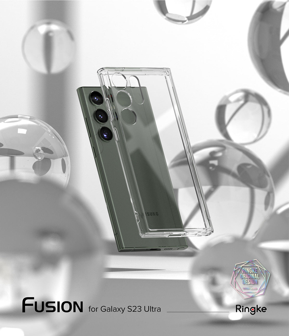 Galaxy S23 Ultra Case | Fusion - A clear phone case floating beside a green Galaxy S23 Ultra amidst glass spheres.