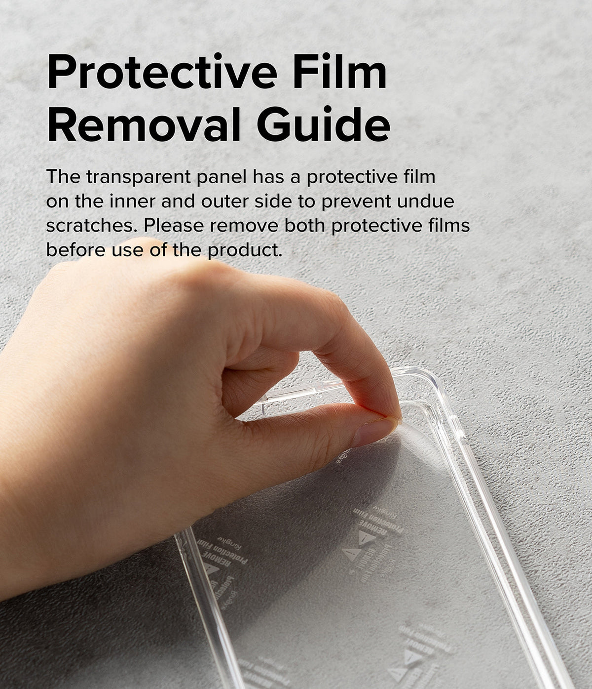 Galaxy S23 Ultra Case | Fusion - Hand peeling protective film off a clear phone case with instructional text above.