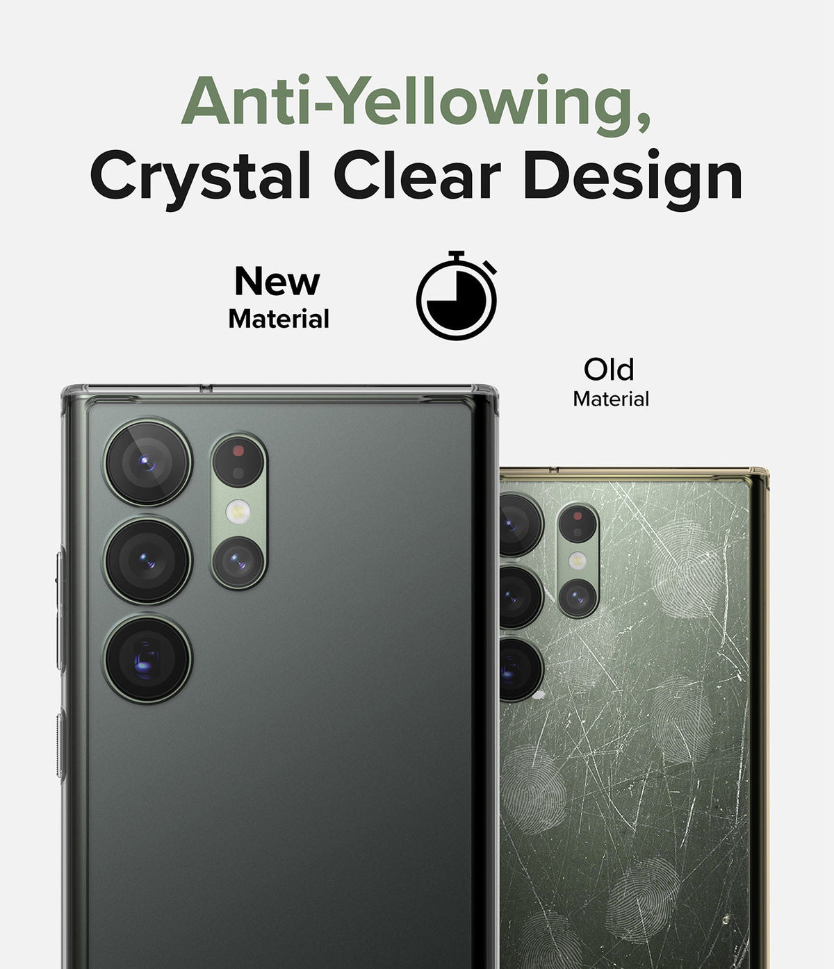 Galaxy S23 Ultra Case | Fusion - Comparison of a clear, pristine phone case versus an old, yellowed, and scratched case.