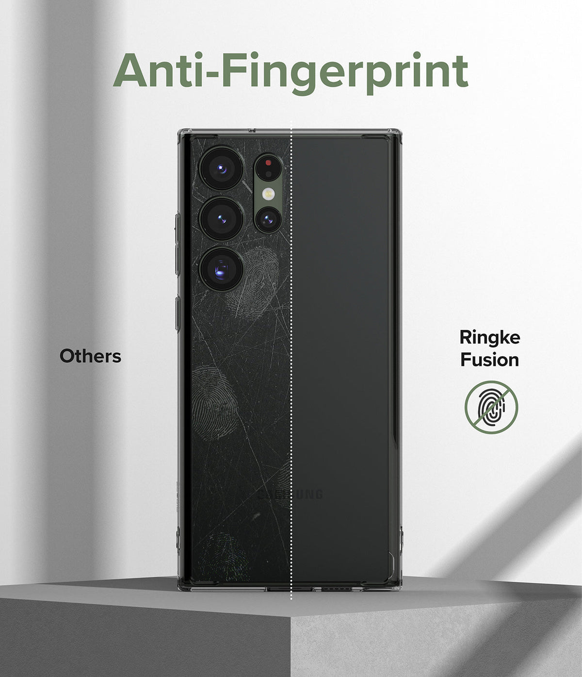 Galaxy S23 Ultra Case | Fusion - Comparison showing a fingerprint-covered phone case versus a clean Ringke Fusion case.
